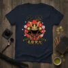 Samurai helmet with crossed swords and Japanese characters 名誉覚光, surrounded by cherry blossoms on a navy t-shirt