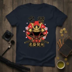Samurai helmet with crossed swords and Japanese characters 名誉覚光, surrounded by cherry blossoms on a navy t-shirt