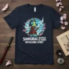 Samurai warrior grasshopper with sword, cherry blossoms, and Japanese text "Samurai Warrior of Honor Unyielding Spirit"
