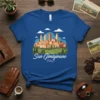 San Gimignano ITALY t-shirt with a detailed illustration of the medieval Tuscan town and green rolling hills under a blue