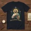 San Judas Tadeo religious t-shirt design with Saint Jude holding a medallion and staff, surrounded by rays and ornate details