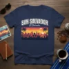 San Salvador El Salvador skyline design with palm trees and sunset on a navy blue t-shirt