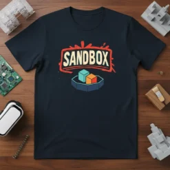 Navy t-shirt with the word SANDBOX in bold, stylized text above two colorful cubes on a hexagonal platform