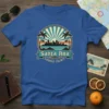 Santa Ana Orange County design with city skyline, palm trees, and sunburst on a blue t-shirt