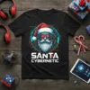 Santa Cybernetic text and futuristic Santa Claus graphic on a black t-shirt, digital circuits theme