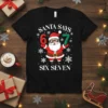 Santa Says 6 7 Six Seven text with a cartoon Santa Claus graphic holding numbers 6 and 7, surrounded by