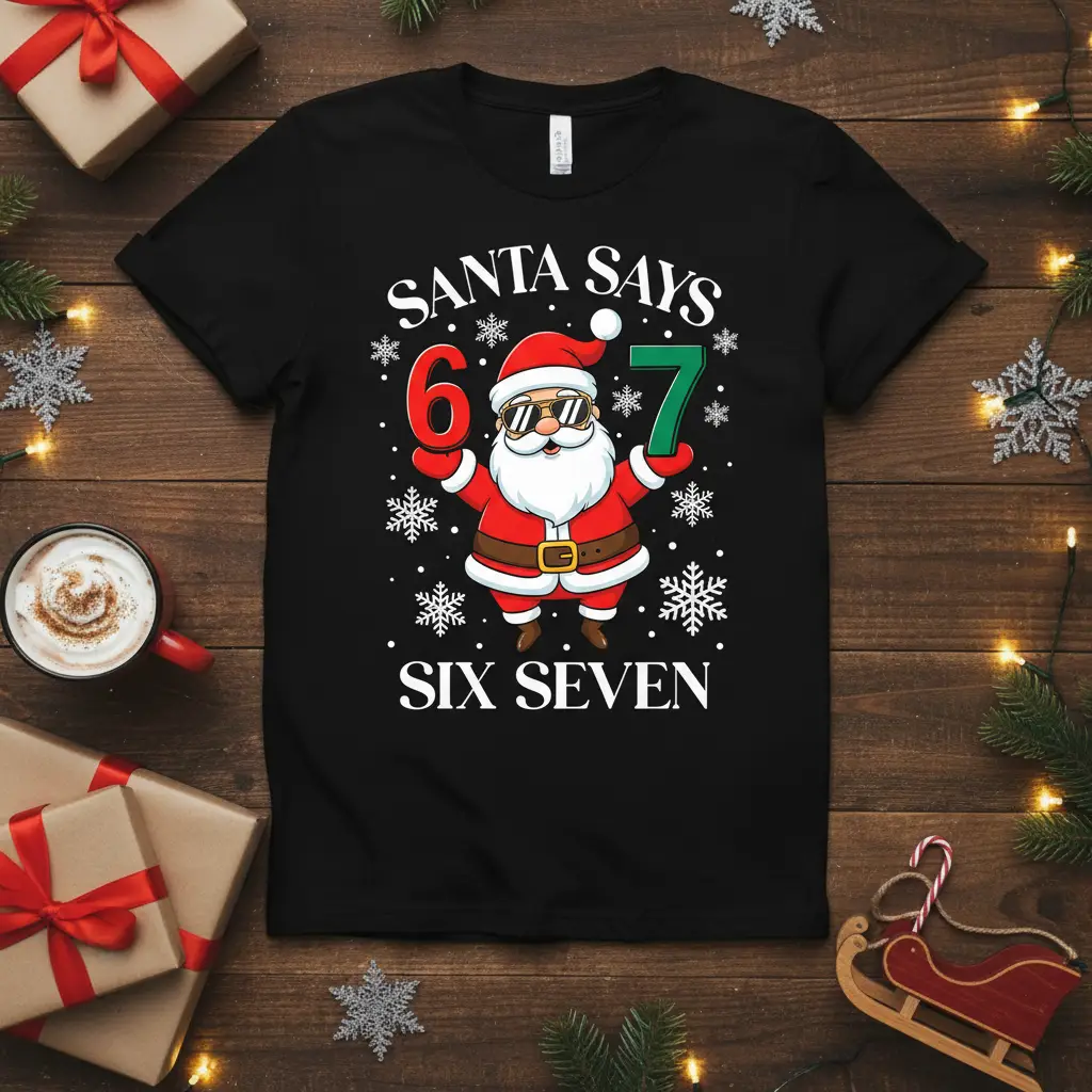 Santa Says 6 7 Six Seven holiday birthday shirt design with cartoon Santa Claus graphic