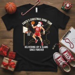 Santa Claus in basketball uniform dunking a ball, with text "Santa's Christmas Dunk Team Delivering Joy & Slams Since Forever"