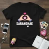 Black t-shirt with white SARANGHAE text and a pink and white heart hand gesture graphic