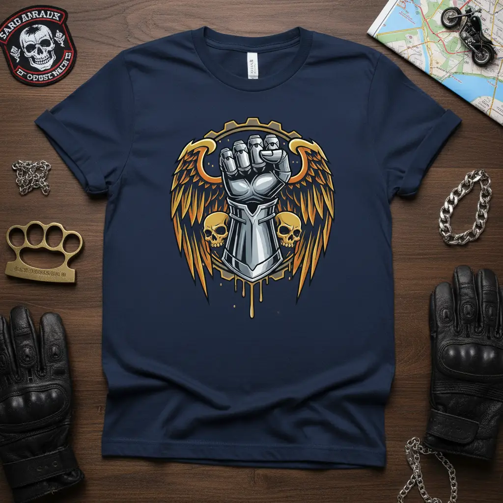 SARG ARRAUX ODUSI NECH biker fist emblem with armored glove, golden wings, and skulls on t-shirt
