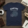 Sartre Existentialism t-shirt with text and a minimalist graphic of a person at a table with a question mark in