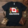 Saskatchewan Canada map graphic t-shirt with Canadian flag and industrial elements, showing provincial pride