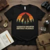 Sasquatch Encounter Northwest Wilderness t-shirt with Bigfoot silhouette against a sunset and pine trees