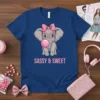 Sassy & Sweet text with a cute cartoon elephant blowing bubblegum, wearing glasses and a pink bow, on a navy