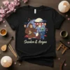 Sasuken & Ariyan t-shirt design with Bigfoot playing a shamisen and an alien playing a drum in front of a