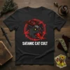 Satanic Cat Cult t-shirt design with a black cat wearing horns and a pentagram, featuring red splatter and bold text