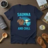 Saunna and Chill text with a wooden sauna barrel and a silhouette relaxing by the water under a sunset
