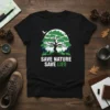 Save Nature Save Life t-shirt design featuring a large green tree, moon, birds, deer, and forest animals