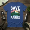 SAVE OUR PARKS t-shirt featuring a mountain landscape, American flag, and forest with a river
