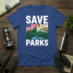 SAVE OUR PARKS t-shirt featuring a mountain landscape, American flag, and forest with a river