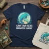 Save Our Seas Manatee Family t-shirt design featuring a mother and baby manatee swimming in water with conservation text