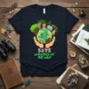 Save Whispers of The Wild T-Shirt featuring a cartoon Earth held by hands, surrounded by various wild animals and trees