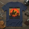 Navy blue t-shirt featuring the text "SAVE A HORSE RIDE A MOTORCYCLE" with a silhouette of a rider on a
