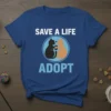 Save a Life Adopt text with silhouette of two cats embracing, on a blue t-shirt