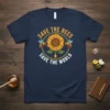 Save the Bees Save the World text with sunflower and bee graphic on a navy t-shirt