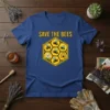 Save The Bees t-shirt with a yellow honeycomb graphic featuring bees and a flower
