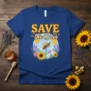 Save the Bees t-shirt design with a bee, sunflowers, and honeycomb graphic