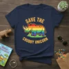 Save The Chubby Unicorn text with a rainbow rhinoceros graphic on a navy t-shirt