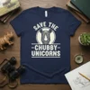 Save the Chubby Unicorns t-shirt design featuring a rhino head graphic and bold white text