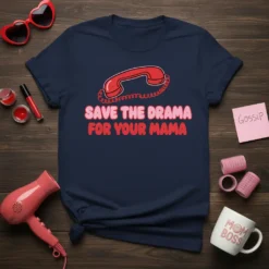 Navy blue t-shirt with bold pink and red text "Save The Drama For Your Mama" and a retro red telephone