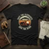 Save The Elephants Join The Herd t-shirt design featuring a circular graphic with elephants and an acacia tree at sunset