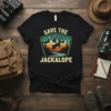 Save The Jackalope t-shirt design featuring a jumping jackalope graphic with mountains and a retro sunset background