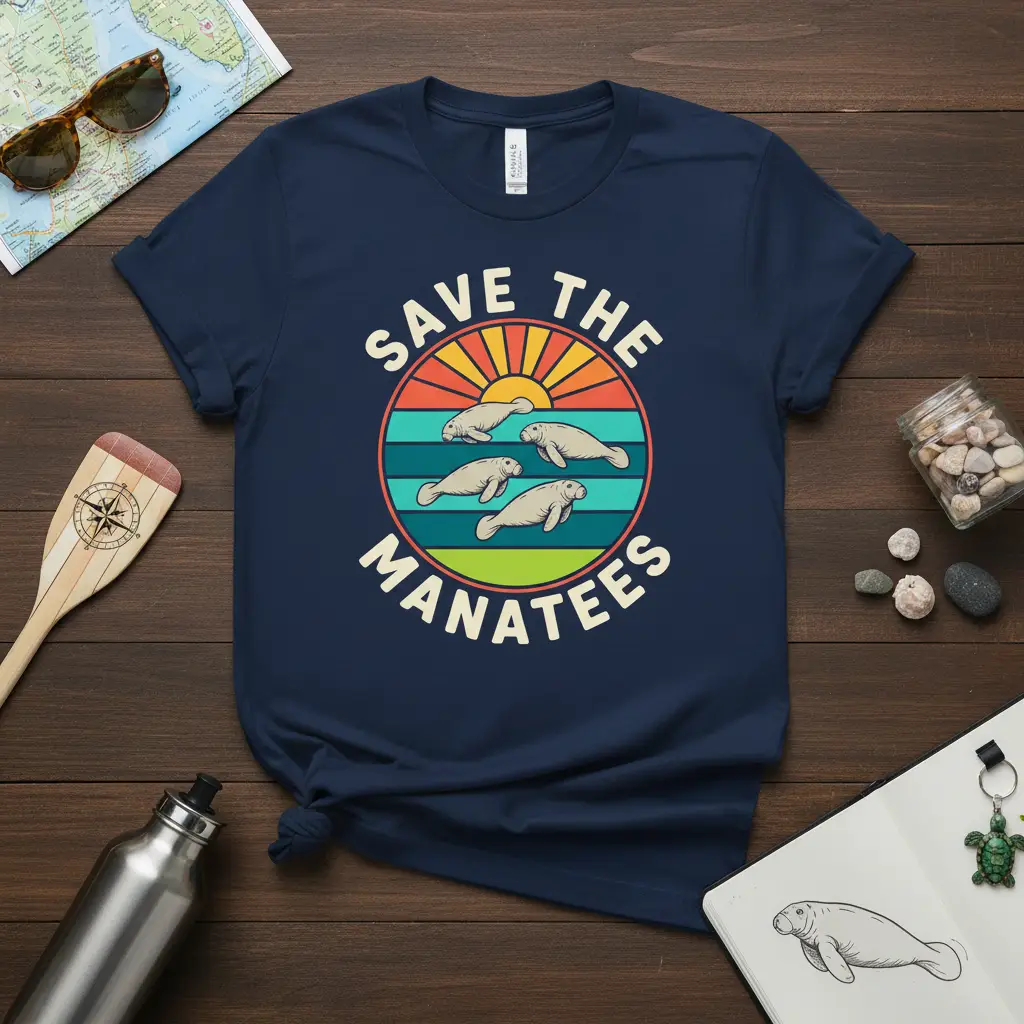 Save the Manatees quote with manatee illustration in a retro sunset circle design on a navy t-shirt