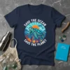 Save The Ocean Save The Planet T-Shirt with a sea turtle swimming among coral and dolphins
