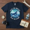 Save The Whales Save The Planet text with whale graphic on navy t-shirt, ocean conservation theme