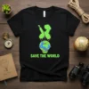 Black t-shirt with green neon text "SAVE THE WORLD" above a graphic of a balloon dog holding the Earth with