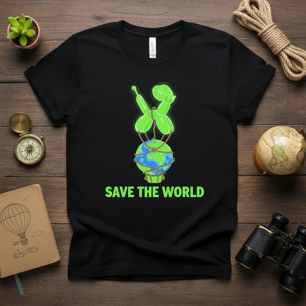 Save The World text and balloon dog graphic on a black t-shirt promoting environmental awareness