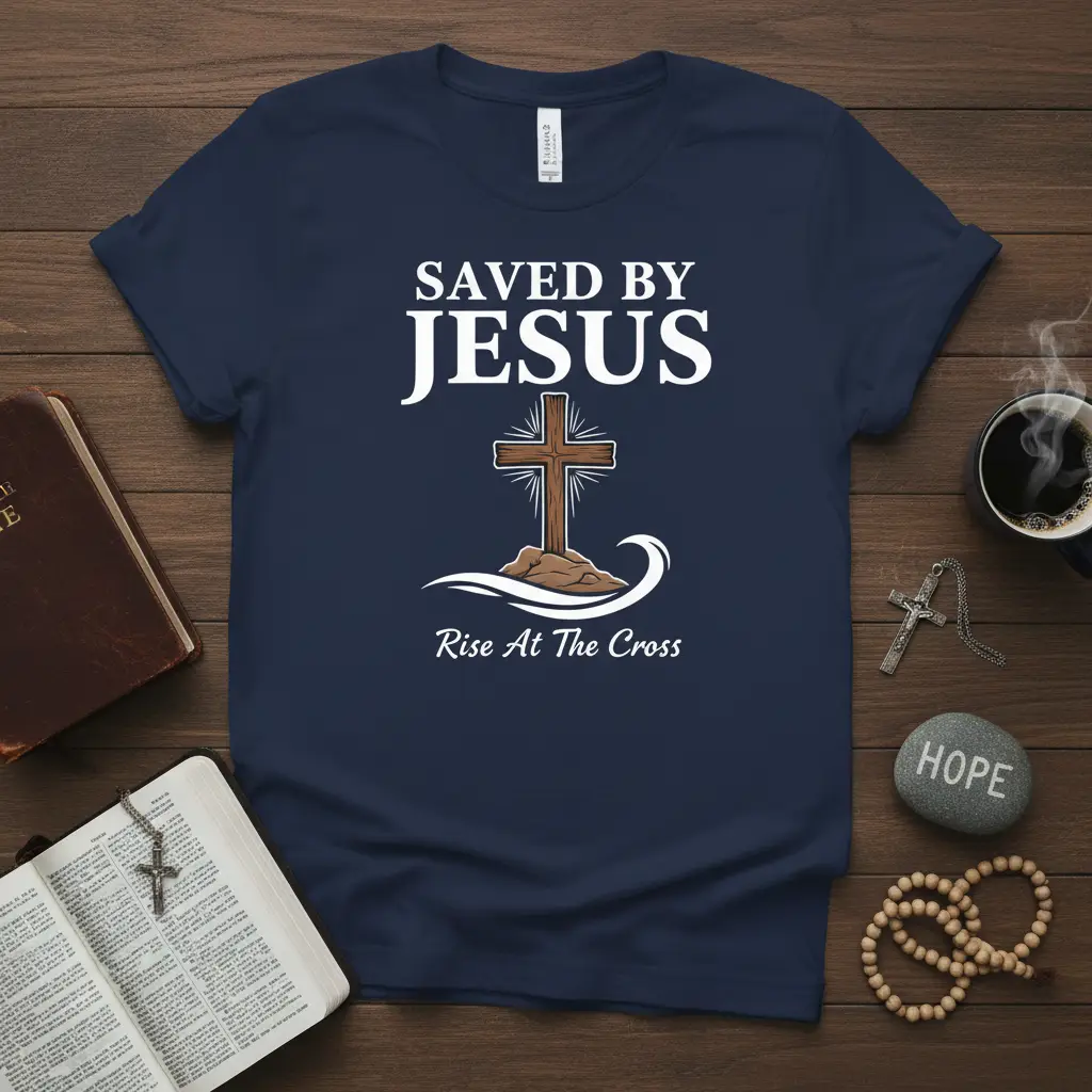 Saved By Jesus Rise At The Cross Christian t-shirt with bold typography and a cross graphic on a hill