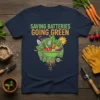 Saving Batteries Going Green text with a wheelbarrow full of vegetables and gardening tools graphic, eco-friendly theme