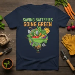 Saving Batteries Going Green text with a wheelbarrow full of vegetables and gardening tools graphic, eco-friendly theme