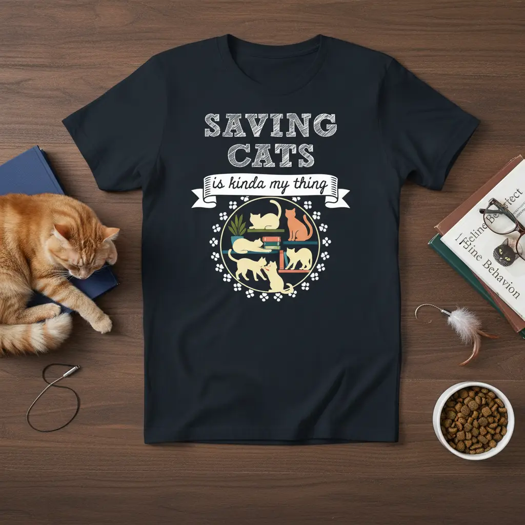 Saving Cats is Kinda My Thing quote t-shirt with playful cat illustrations and book graphics