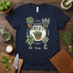 Savor Simplicity Basil Rosemary Thyme graphic tee featuring botanical illustrations of herbs and elegant typography
