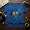 Saxophone Cityscape Jazz T-Shirt featuring a saxophone silhouetted against a vibrant city skyline with musical notes emanating from it