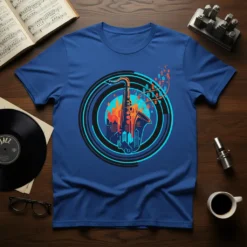 Saxophone Cityscape Jazz T-Shirt featuring a saxophone silhouetted against a vibrant city skyline with musical notes emanating from it