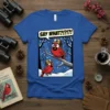 SAY WHAT?!?! quote on a t-shirt with two cartoon cardinals wearing hard hats in a snowy forest scene