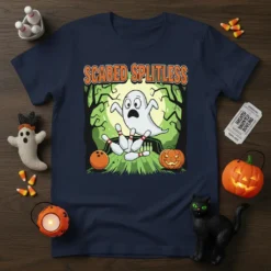 Scared Splitless Halloween bowling t-shirt design featuring a frightened ghost, bowling pins, and a pumpkin